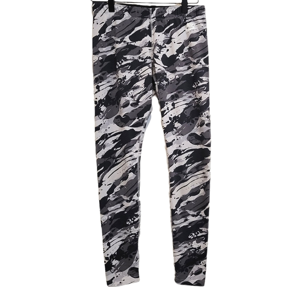 Nike Just Do It Black White Gray Marbled Camo Splash Patterned Leggings High EUC